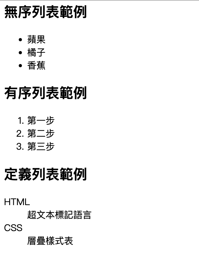 HTML 列表標籤範例